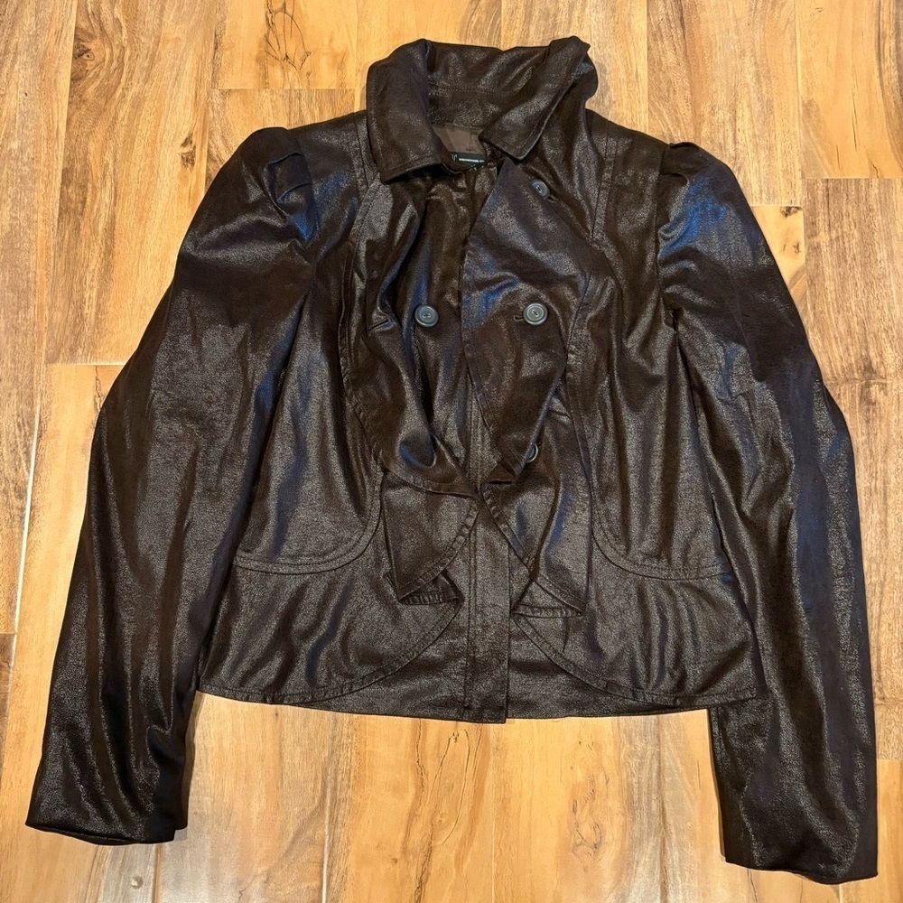 INC Women's Faux Leather Jacket L Ruffled Front Brown Short Coat Size Large - Picture 5 of 8